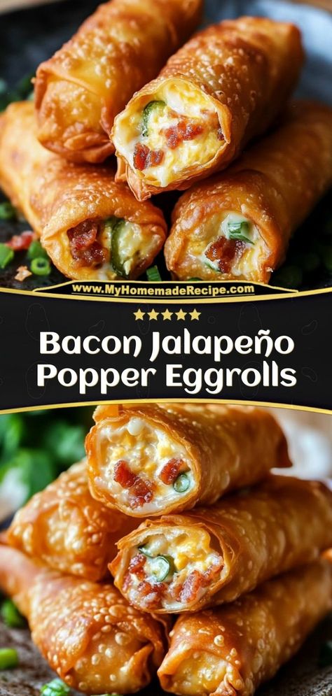 These Bacon Jalapeño Popper Eggrolls are crispy, cheesy, and packed with smoky bacon and spicy jalapeños. Ingredients: 4 egg roll wrappers 1/2 cup cream cheese 1/4 cup diced jalapeños 2 slices cooked bacon, crumbled A spicy, savory appetizer perfect for parties Eggroll Wrapper Recipes, Jalapeno Egg Rolls, Jalapeno Rolls, Cream Cheese Jalapeno Poppers, Bacon Jalapeno Poppers, Stuffed Jalapenos With Bacon, Egg Roll Wrappers, Savory Appetizer, Egg Roll