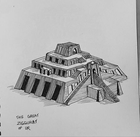 Mesopotamia Architecture Sketches, Ziggurat Sketch, Mesopotamia Art Drawing, Ziggurat Of Ur Drawing, Mesopotamia Drawing, Ziggurat Drawing, Mesopotamia Architecture, Mesopotamia Art, Mesopotamian Architecture