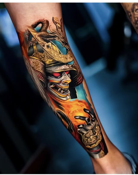 Japanese Samurai Tattoo, Tato Irezumi, Daruma Doll Tattoo, Japanese Warrior Tattoo, Samurai Tattoo Sleeve, Japanese Leg Tattoo, Samurai Warrior Tattoo, Colored Tattoo Design, Colored Tattoo