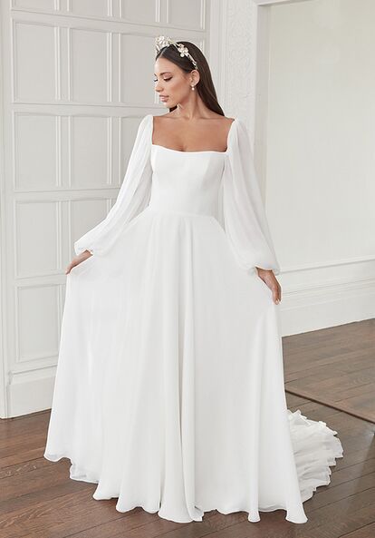 Sincerity Bridal 44360 Wedding Dress | The Knot Long Chiffon Wedding Dress, A Line Chiffon Wedding Dress With Sleeves, Plain Aline Wedding Dress, Square Long Sleeve Wedding Dress, Wedding Dresses Chiffon Flowy, Long Sleeve Wedding Dress Sweetheart Neckline, Wedding Dress With Sleves, Wedding Dress Loose Sleeves, Chiffon Long Sleeve Wedding Dress