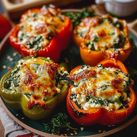 Spinach and Ricotta Stuffed Peppers - Simply Recipes - Fewer Worries, More Delight Italian Vegetable Side Dishes, Italian Stuffed Bell Peppers, Ricotta Stuffed Peppers, Vegetable Entrees, Gf Pizza, Stuffed Peppers Healthy, Edamame Salad, Spinach And Ricotta, Spinach Ricotta