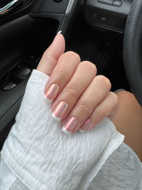 chrome short nails hailey bieber trend aesthetic ideas cute designs french tip Chrome Nails With White Tips, French Rounded Square Nails, Square Nails Glazed, Chrome Nails Designs French Square, French Chrome Short Nails, French Chrome Square Nails, Chrome Square Nails Designs, Pink Chrome Nails Designs Square, Chrome Nails Pedicure