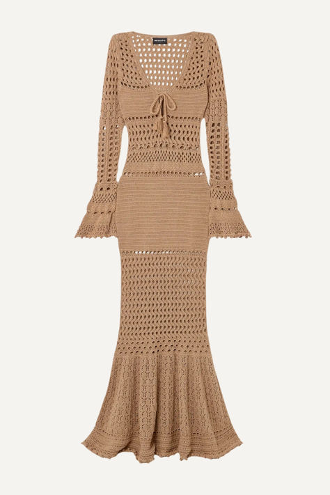 #ad Retrofête Metallic Nude Bronze Crochet Knit Maxi Dress Vintage Crochet Dresses, Fluted Sleeves, Crochet Dresses, Disco Lights, Club Night, Maxi Styles, Knitwear Fashion, Maxi Knit Dress, Knit Midi Dress