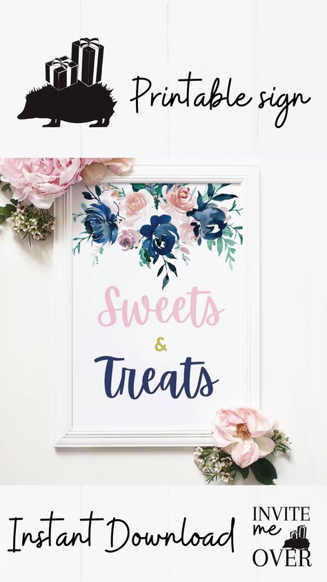 Floral navy and blush gender reveal decoration. Sweets and treats sign available in pdf and jpeg Pink Welcome Sign, Gender Guessing, Gender Reveal Signs, Favors Table, Blush Decor, Navy And Blush, Party Sweets, Gender Reveal Party Decorations, Gender Reveal Decorations