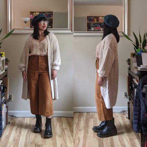 Chunky white cardigan with wide leg pants and boots from m gets dressed. Pants With Doc Martens, Wide Leg Pants And Boots, Curated Closet, Longline Cardigan, Dr Martens Boots, White Cardigan, Doc Martens, Open Front Cardigan, Boots Outfit