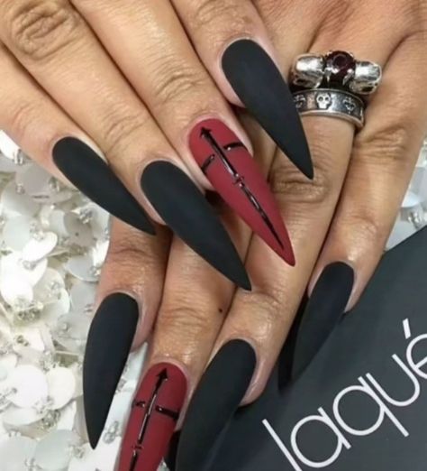 Goth Nails Matte, Hombre Red Black Nails, Goth Matte Nails, February Nails Stiletto, Matte Black And Red Nails, Edgy Stiletto Nails, Red Stilleto Nails Designs, Goth Nails Stiletto, Gothic Nails Coffin