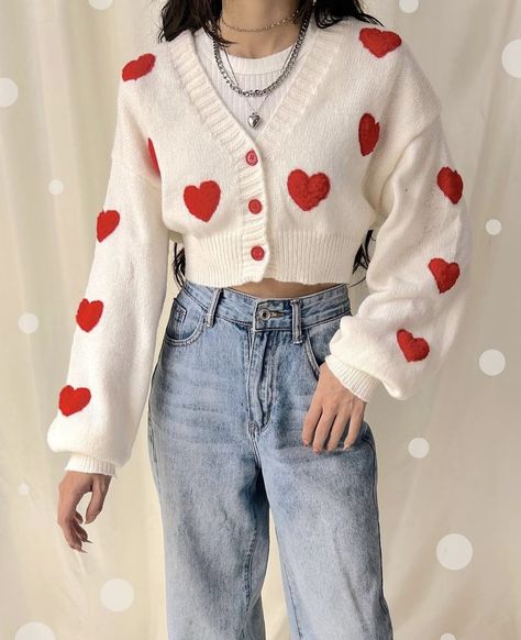 Heart Cardigan Outfit, Merry Pinkmas, Red Heart Sweater, Cute Valentines Day Outfits, Bright Colored Outfits, Crochet Sweater Design, Heart Cardigan, Fashion Top Outfits, Cardigan Outfits