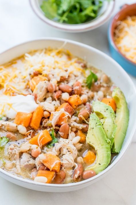 Slow Cooker Green and White Chicken Chili - Kroll's Korner White Chicken Chili With Sweet Potato, Green Chicken Chili, Krolls Korner, Chicken Chili Soup, White Chicken Chili Slow Cooker, Slow Cooker Breakfast Casserole, Chicken Chili Crockpot, Slow Cooker Chicken Chili, Soup Chili