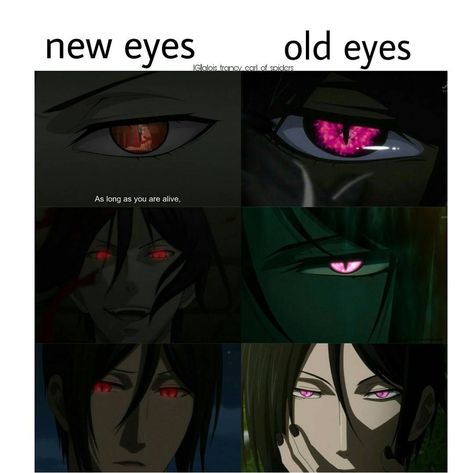 I like the new ones because red suits a demon better than pink...I guesss..... Sebastian Michaelis Demon Form, Sebastian Michaelis Eyes, Anime Vampire Guy, Vampire Guy, Red Eyes Anime, Red Suits, Black Butler Meme, Vampire Eyes, Black Butler Funny