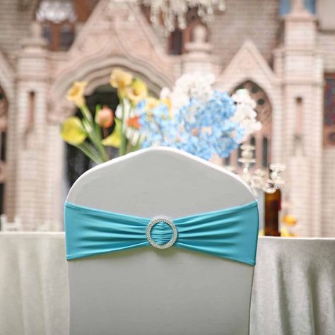 https://www.efavormart.com/products/5-pack-5x14-turquoise-spandex-stretch-chair-sash-with-silver-diamond-ring-slide-buckle?sca_ref=101063.BTRAwHc7F5 Tiffany And Co Party Decorations, Tiffany And Co Party, Turquoise Wedding Decorations, Balloon Pillars, Wedding Chair Sashes, Blue Wedding Decorations, Party Chairs, Aqua Wedding, Chair Sash