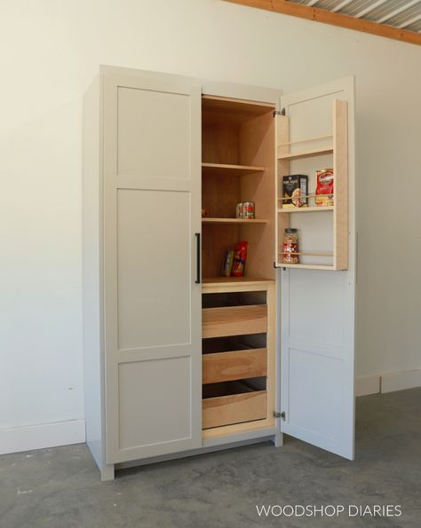 How to Build a Kitchen Pantry Larder Cabinet | PRINTABLE PLANS Tv Cabinet Pantry, Built Pantry Cabinet, Detached Pantry Cabinet, Farmhouse Pantry Cabinet Ideas, Diy Small Pantry Cabinet, Diy Utility Cabinet, Custom Kitchen Pantry Cabinet, Cabinet Into Pantry, Pantry In Closet