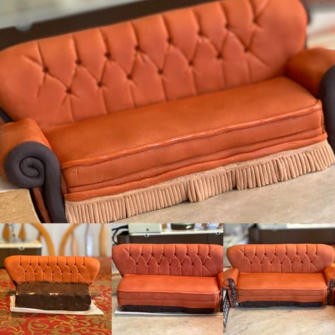 Sofa made with LCM base covered in chocolate then fondant to create the orange upholstery! Couch Cake, Friends Sofa, Homemade Fondant, Friends Birthday Cake, Cake Structure, Cake Form, Friends Ideas, Edible Toppers, Friends Cake