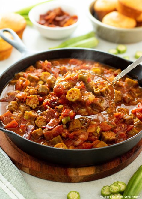 Stewed Tomatoes And Okra Recipe, Stewed Okra And Tomatoes, Okra And Tomato Recipe, Stewed Okra, Frozen Okra, Sauteed Okra, Okra Stew, Okra And Tomatoes, Recipes Spicy