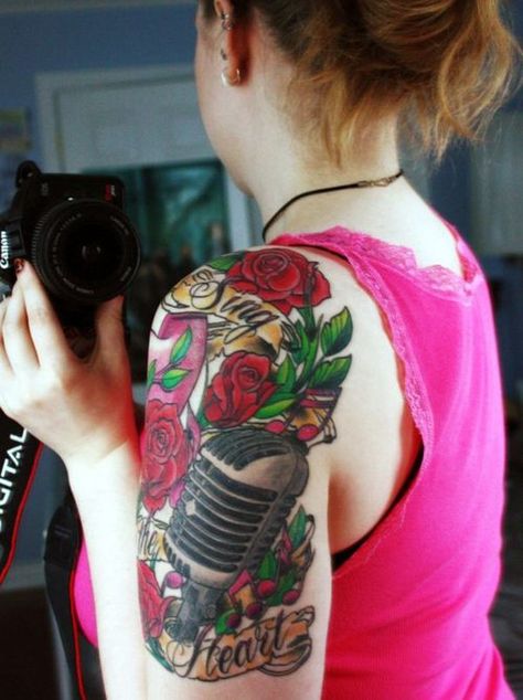 Sing the heart - The music themed tattoo signifies the song you sing every day, the love and the colorful life. Girl Half Sleeve Tattoos, Arm Tattos, Microphone Tattoo, Music Notes Tattoo, Quarter Sleeve Tattoos, Girl Arm Tattoos, Girls With Sleeve Tattoos, Full Sleeve Tattoo Design, Music Tattoo Designs