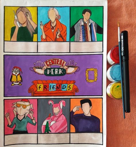 Tv Shows Drawing, Friends Tv Show Painting Ideas, Friends Show Painting, Friends Art Drawing Tv Show, Friends Painting Ideas Tv Show, Friends Series Painting, Friends Painting Tv Show, Friends Tv Show Painting, Friends Series Drawing