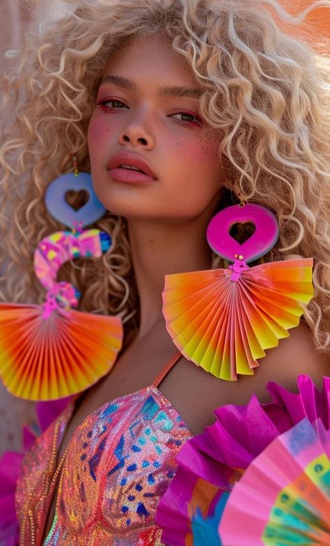 Neon Summer Aesthetic, Futuristic Makeup, Spring Jewelry Trends, Neon Summer, Unusual Clothes, Color Aesthetic, Rave Makeup, Retro Looks, Drop Earrings Silver