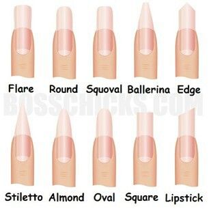 I would only wear Flare or Square. Round and Squoval are okay too. Ballerina, Stiletto, Almond and Edge would make great weapons but pointed nails in general creep me out! Nails Hacks, Nail Shape Chart, Nail Education, Unghie Nail Art, Acrylic Nail Shapes, Different Nail Shapes, Almond Shape, Ballerina Nails, Popular Nails