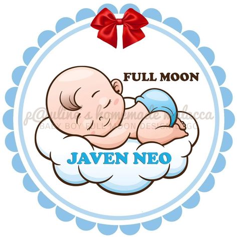 Baby boy / full moon / tags / logo / topper  #paulineshomemademalacca Bakery Illustration, Baby Full Moon, Moon Card, Circle Logo, Baby Card, Baby Powder, Odessa, Baby Cards, Full Moon