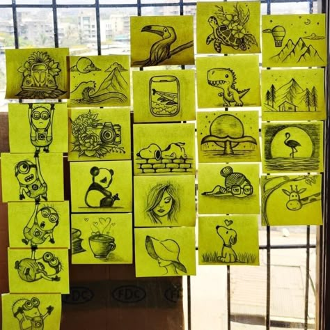 Art On Post It Notes, Sticky Notes Sketchbook, Cute Things To Draw On Sticky Notes, Wall Of Sticky Notes, Sketch On Sticky Note, Doodle On Sticky Notes, Sticky Note Art Wall, Sticky Note Painting, Painting On Sticky Notes