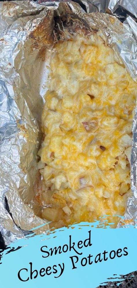 A foil packet of diced potatoes topped with melted cheese. Smoker Potatoes, Grilling Potatoes, Best Brisket Recipe, Foil Potatoes, Pellet Smoker Recipes, Smoked Potatoes, Pellet Smoker, Potato Recipes Side Dishes, Grilled Potatoes