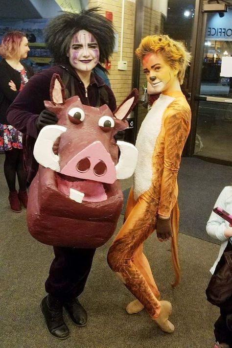 #Pumba and #Timon costume design Kris Biles, pumbaa design Delana Johnsrud Timon And Pumba Costume, Pumbaa Costume, Timon Costume, Easy Halloween Costumes Couples, Pumba And Timon, Extravagant Costumes, Halloween Party Foods, Lion King Play, Best Halloween Party