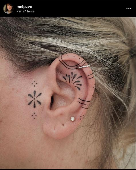 Delicate Ear Tattoos For Women, Matching Ear Tattoos, Griffon Tattoo, Ear Lobe Tattoo, Inner Ear Tattoo, Pagan Tattoo, Tattoo Salon, Beauty Marks, Ear Tattoos