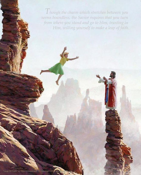 Here is a wonderful painting help you remember that sometimes it takes a leap of faith. The words written in the sky of the painting read: "Though the chasms which stretches between you seems boundless, the Savior requires that you turn from where you stand and go to Him, trusting in Him, willing yourself to make the leap of faith."  Comes in 2 sizes, 8x10 or 11x14 A Leap Of Faith, Pictures Of Christ, Jesus Christ Art, Biblical Art, Jesus Is Life, The Savior, Jesus Art, Leap Of Faith, Jesus Pictures