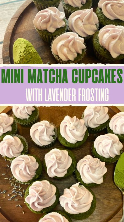 mini matcha cupcakes with lavender frosting recipe Lavender Buttercream Frosting, Matcha Scones, Lavender Frosting, Lavender Buttercream, Matcha Dessert Recipes, Matcha Cupcakes, Lavender Cupcakes, Mini Cupcake Pan, Matcha Dessert