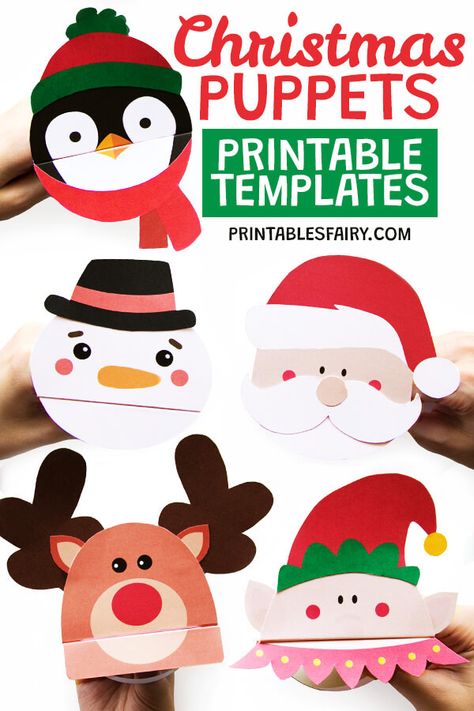 Make these easy Christmas puppets with our printable templates. If you are looking for an easy Christmas craft for kids, then these fun paper puppets will come in handy. There are 5 designs: Santa, elf, reindeer, snowman, and penguin. #christmascrafts #christmascraftsforkids Christmas Puppet Craft, Easy Elf Crafts For Kids, Christmas Puppets For Kids, Christmas Craft Printables Free Kids, Easy Santa Crafts For Kids, Paper Crafts For Kids Christmas, Christmas Crafts For Kids Printable, Printable Christmas Crafts For Kids, Elf Crafts For Kids