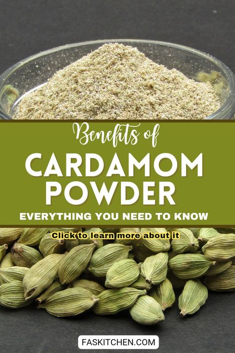 A small glass jar filled with golden-brown cardamom powder sits on a wooden kitchen counter. The jar is open, revealing the finely ground spice inside. Nearby, a few whole cardamom pods are scattered, showcasing the source of the powder. The warm, rich color of the powder contrasts with the natural green of the cardamom pods, highlighting its fresh and aromatic quality. Recipes Using Ground Cardamom, Cardamom Recipes Savory, Benefits Of Cardamom, Cardamom Recipes, Cardamom Benefits, Cardamom Plant, Cardamom Recipe, Cardamom Pods, Savory Dishes