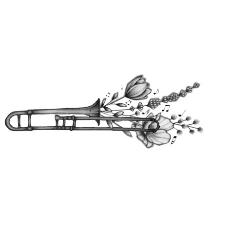 Trumpet With Flowers Tattoo, Trombone Tattoo Small, Euphonium Tattoo, Trombone Tattoo Ideas, Trombone Drawing, Trombone Wallpaper, Trombone Tattoo, Trombone Aesthetic, Myth Tattoo