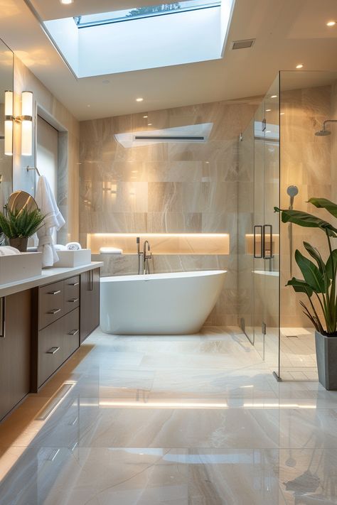 Luxury Marble Bathroom: Elegance & Functionality Combined! Self Standing Bathtub, Luxury Modern Master Bath, Bathroom Entrance Ideas, Luxury Bathroom With Bathtub, Bathroom With Bathtub Ideas, Luxury Bathroom White, Master Ensuite Bathroom Luxury, Modern Bathroom With Bathtub, Modern Bathroom Bathtub