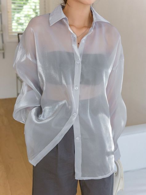 Organza Shirt Outfit, Transparent Shirt Outfit, Sheer Blouse Outfit, Sheer Shirt Outfits, Shirt Without Collar, Transparent Outfit, Skirt Styling, Full Sleeve Tshirt, Organza Shirt