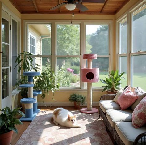 Catify Bedroom, Cat Friendly Balcony, Cat Room Ideas, Apartment Cat, Cat Catio, Catio Ideas, Cat Apartment, Cat Area, Cat Bedroom