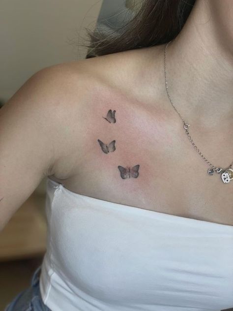 Small Scar Tattoo Ideas, Butterflies On Chest Tattoo, Tattoo Designs Chest Female, Butterfly Tattoo Scar Cover, Tattoo Ideas For Collar Bone For Women, Chest Tattoo Female Upper Shoulder, Butterfly Tattoo Chest Woman, Butterfly On Chest Tattoo, Small Tattoo On Chest