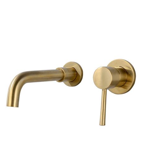 This wall-mount sink faucet is in brushed finish, it features a simple, minimalist look that brings contemporary appeal and style. The wall mounted design help to save space. Brushed Brass Bathroom, Brass Bathroom Sink, Small Bathroom Remodel Designs, Wall Faucet, Wall Mount Sink, Bathroom Sink Taps, Brass Sink, Wall Mounted Sink, Faucet Accessories