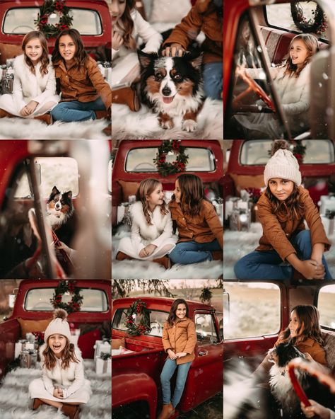 Christmas Truck Pictures Family Pics, Red Truck Mini Session, Christmas Truck Family Pictures, Family Christmas Truck Pictures, Christmas Truck Poses, Truck Poses Photo Ideas, Christmas Truck Photoshoot Family, Red Truck Christmas Pictures Outfits, Christmas Truck Mini Sessions