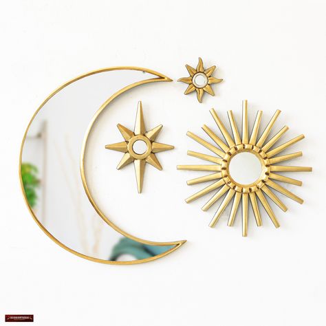 DECORATIVE MIRROR SET OF 4, "ETERNAL BRILLIANCE" - WALL DECOR - PERUVIAN HANDICRAFTS Peruvian mirrors crafting are a very old tradition that comes from the time of the spanish colonization of Peru (XV Century). These collection of art wall inspired by the stars and moon where they shines radiantly, illuminating the home with rays of gold light. Spectaculars mirrors in hand-carved wood covered in gold leaf. The peruvian art of painted glass (Cusco style) is reflected in these spectaculars handmad Small Gold Mirror, Sun Bathroom, Peruvian Mirrors, Decorative Accent Wall, Sun And Moon Decor, Cane Wall, Wall Mirror Set, Sun Decor, Gold Office Decor