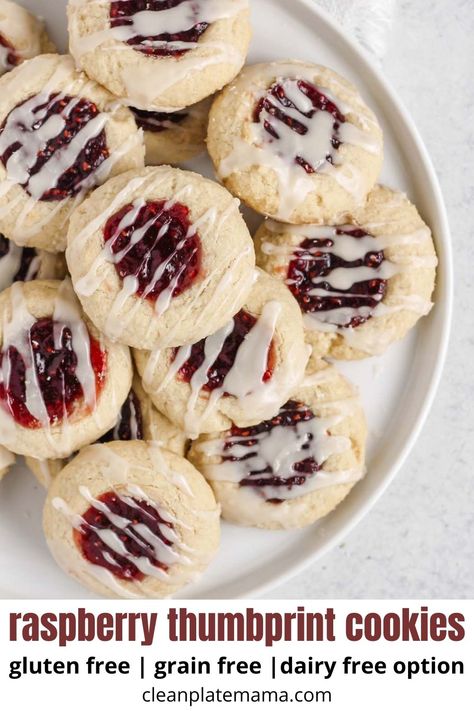 Soft, melt-in-your-mouth gluten-free thumbprint cookies with raspberry jam! Made with cassava flour so they are grain free, too. These will make a delicious addition to your holiday cookie tray. Gf Thumbprint Cookies, Gluten Free Thumbprint Cookies, Gluten Free Sugar Cookies Recipe, Clean Eating Baking, Berry Cookies, Raspberry Thumbprint Cookies, Gluten Free Sugar Cookies, Gluten Free Holiday, Thumbprint Cookies Recipe