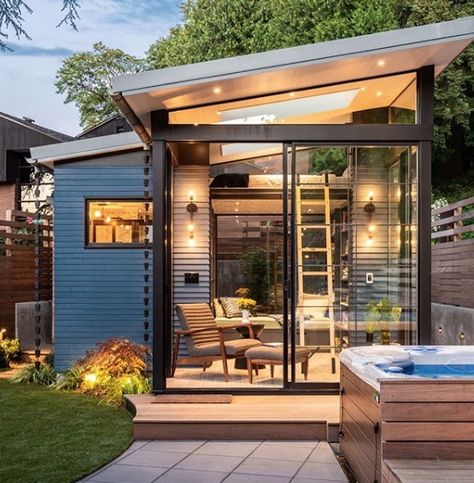 This is a tiny backyard retreat with a loft designed by Board & Vellum and built by Proform Construction Seattle. It’s under 200 SF, but features a This is a tiny backyard retreat with a sleeping loft. It's under 200 sq. ft. and features a mini sunroom, reading area and bathroom with shower. Garden Shack, Atelier Design, Backyard Cottage, Modern Shed, Backyard House, Backyard Studio, A Small House, Backyard Office, Backyard Sheds