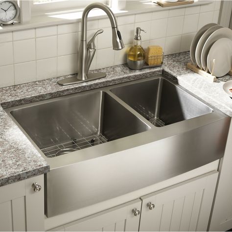 Cahaba 36" L x 21" W Double Basin Farmhouse/Apron Kitchen Sink with Grid Set | Wayfair Steel Sink Kitchen, Kitchen Sink Decor Ideas, European Farmhouse Kitchen, Kitchen Sink Remodel, Kitchen Sink Decor, Stainless Steel Farmhouse Sink, Farmhouse Kitchen Sink, Sinks Kitchen Stainless, Best Kitchen Cabinets