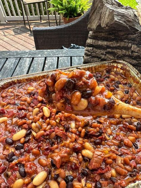 Smoked Baked Beans | GrillinFools Smoked Beans, Smoked Baked Beans, Cowboy Baked Beans, Man Recipes, Bbq Beans, Homemade Baked Beans, Savory Sides, Kinds Of Beans, Easy Grilling Recipes