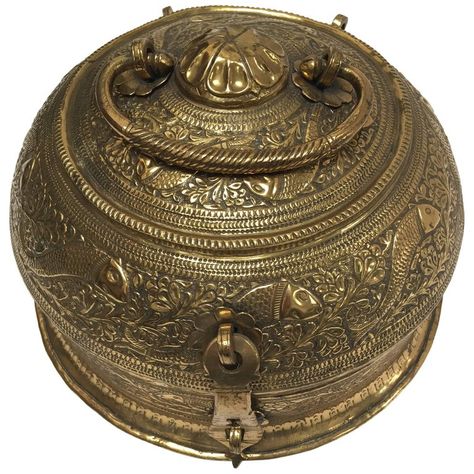 Decorative Large Round Anglo-Indian Brass Box Tea Caddy | From a unique collection of antique and modern metalwork at https://www.1stdibs.com/furniture/asian-art-furniture/metalwork/ Betel Leaf, Vintage Brass Decor, Indian Brass, Brass Box, Bread Boxes, North India, Miniature Kitchen, Antique Tea, Modern And Antique