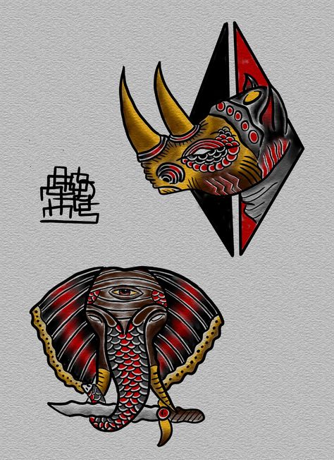 Elephant and a rhino traditional tattoo draw. Rhino Tattoo Design, Traditional Tattoo Elephant, Traditional Elephant Tattoo, Left Tattoo, School Reference, Rhino Tattoo, Royal Guards, Optical Illusion Tattoos, Illusion Tattoos