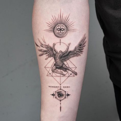 Momento Mori Tattoo, Icarus Tattoo, Memento Mori Tattoo, No Regrets Tattoo, Geometric Sleeve Tattoo, Greek Tattoos, Momento Mori, Badass Tattoos, Black Ink Tattoos