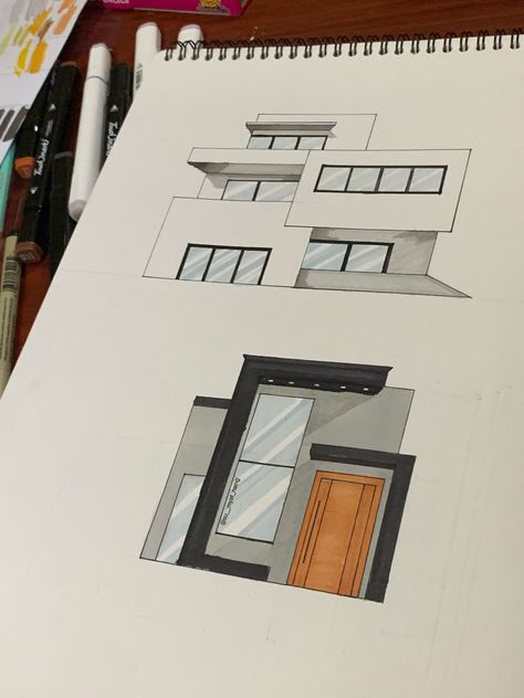 Architecture drawing with marker pen Architecture Simple Drawing, Architecture Sketch Simple House, Design School Portfolio, Modern Astethic, Interior Design Drawings For Beginners, Simple Architecture Drawing, Architecture Plates, Dream House Sketch, Facade Drawing