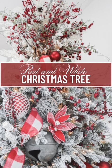 Classic red and white Christmas tree decorations are my go to for Christmas decorating. They are versatile and can be changed up easily. Red And White Plaid Christmas Decor, Red And Silver Flocked Christmas Tree, Red And White Christmas Tree Decorations, Red And Silver Christmas Decor, Christmas Tree In Red, Grey Christmas Tree, White Xmas Tree, White Christmas Tree Decorations, Red And White Christmas Tree