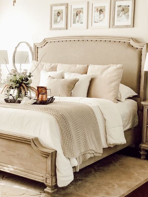 Bedding Ideas For Bed With Footboard, Farmhouse Master Bedding Ideas, King Size Master Bed, King Bedroom Suite, Bed Back Design Headboards Master Bedrooms, Guest Bedroom King Bed, How To Style A Queen Size Bed, Bed Dressing Ideas Style, Make A Beautiful Bed