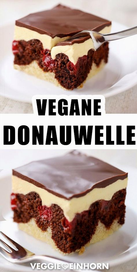 This delightful vegan Donauwelle sheet cake is a hit with guests every time. Perfectly suited for any occasion, this cake features layers of vegan buttercream, cherries, and a marbled light and dark sponge. Topped with a rich chocolate glaze, it's a classic recipe that never fails. Detailed instructions ensure success, and it's entirely vegan, egg-free, dairy-free, and lactose-free. Easy Vegan Cake, Torte Vegan, Egg-free Recipes, Vegan Tarts, Vegan Birthday, Vegan Buttercream, Clean Baking, Vegan Cakes, Vegan Bakery