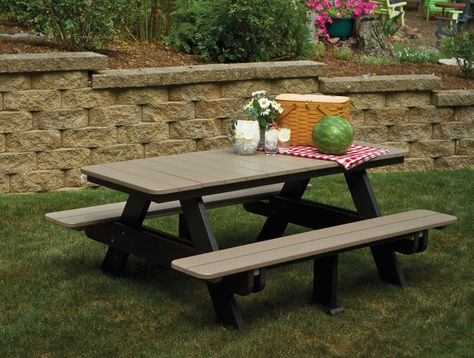 two tone picnic table - Google Search Plastic Patio Furniture, Lake House Furniture, Wooden Picnic Tables, Garden Picnic, Wood Patio Furniture, Picnic Tables, Wood Patio, Amish Furniture, Green Lawn